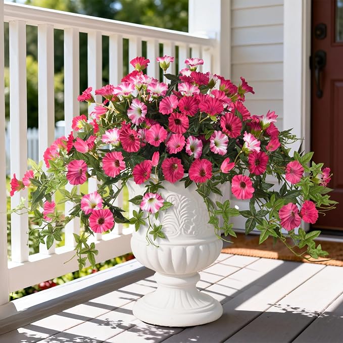 Artificial Fake Flowers Hanging Plants for Outdoor Spring Summer Decoration, 2Pcs Faux Petunias Realistic Silk Flower UV Resistant No Fade for Home Outside Garden Balcony Yard Porch Indoor (Rose Red)
