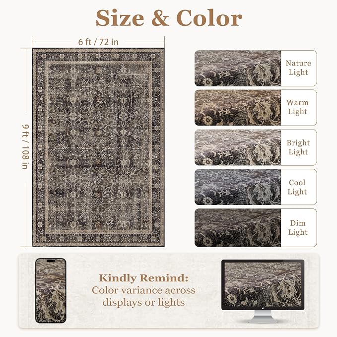 Vintage Black 6x9 Area Rugs, Washable Rugs for Bedroom Living Room Low Pile Non Slip, Mid-Century Modern Dark Print Carpet Rugs for Dining Room Home Office, Earth Tone Brown/Black/Beige