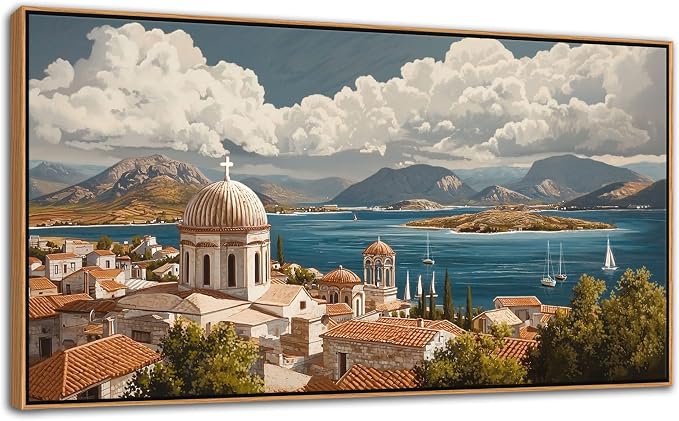 YDYSUNE Large Wall Art Framed Costal Wall Decor Retro Ocean Canvas Decor Sailboat Painting Village Seascape Artwork for Living Room Bedroom Dining Decoration Size 29x58 Inches