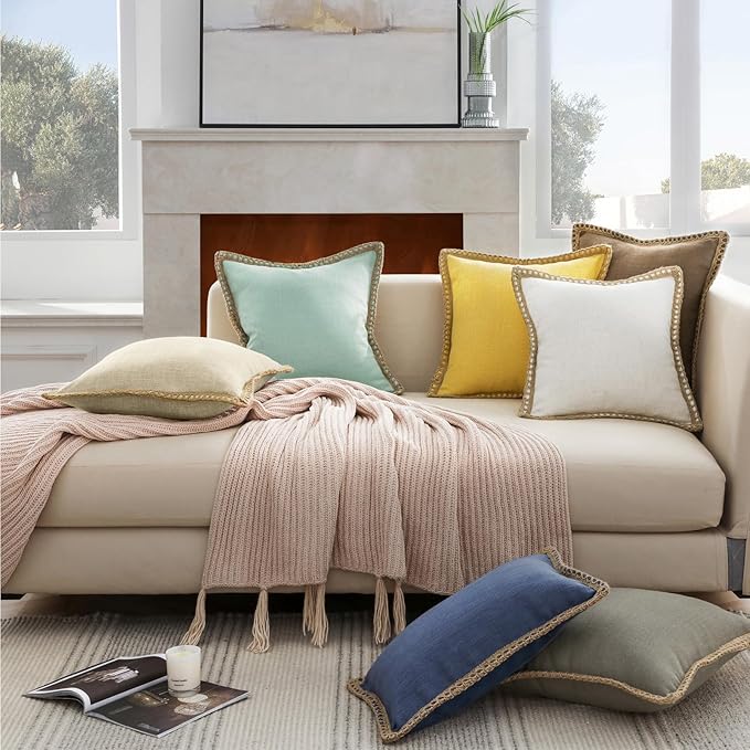 Phantoscope Pack of 2 Farmhouse Decorative Solid Throw Decorative Pillow Cover Burlap Linen Trimmed Tailored Edges Coffee 26 x 26 inches, 65 x 65 cm