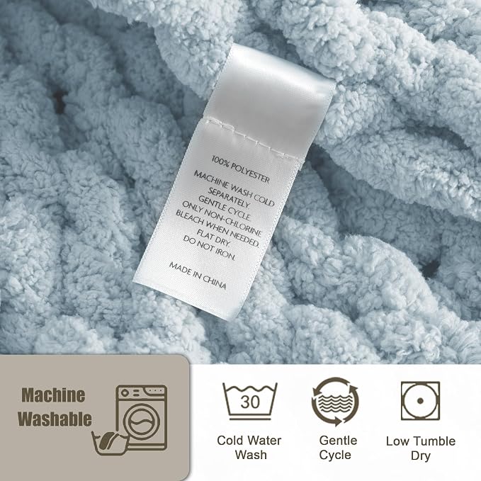 Chunky Knit Throw Blanket 50x60, 100% Handmade Chenille Yarn | 4.4lbs Soft Thick Cable Knitted Blankets, Large Rope Knot Crochet Throws for Couch Sofa Bed Machine Washable, Light Blue