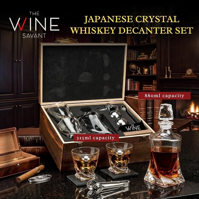 Ember Japanese Crystal Whisky Decanter Set in Wood Storage Box, 4 Tumbler Rocks Glasses & Freezer Chillers - Sake, Scotch, Vodka, Elegant Birthday & Birth Day Barware Gifts, Japan Designed Gifts