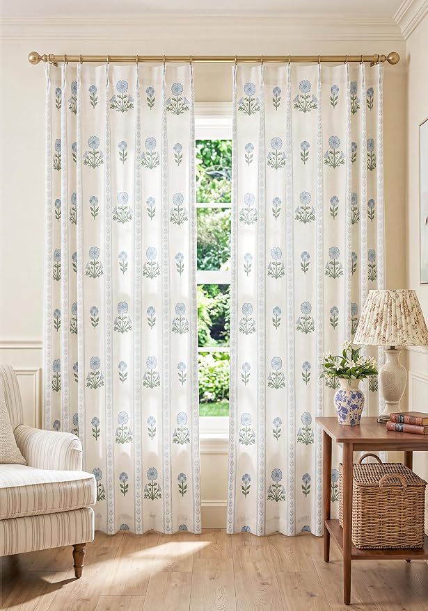 THREE GIRLS Pinch Pleated Light Filtering Linen Blend Floral Block Print Curtains for Living Room, Bedroom, Modern Farmhouse, Memory Trained, Hooks, 2 Panels Set, 40"x84", Blue