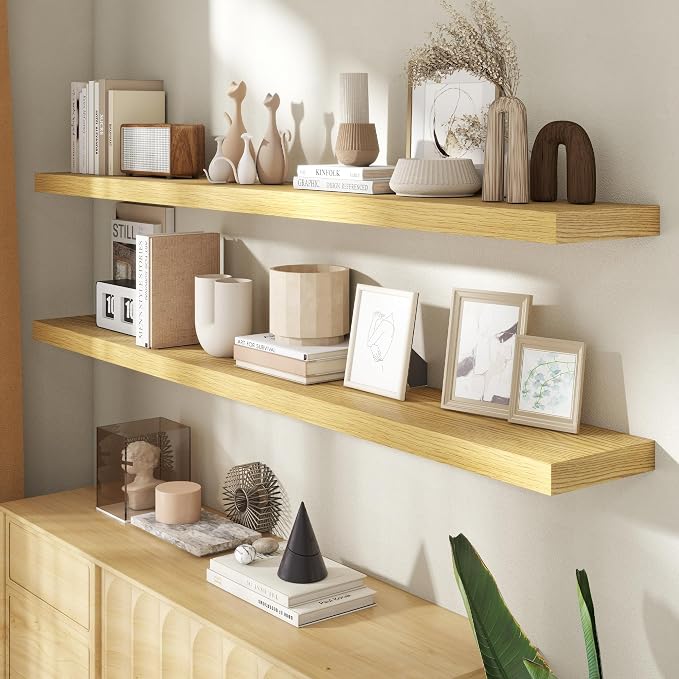 72 Inch Floating Shelves for Wall, 8 Inch Deep Floating Shelf for Storage & Display, Rustic Wall Mounted Shelf with Invisible Brackets for Living Room, Kitchen, Bathroom, Home Decor, Set of 2, Oak