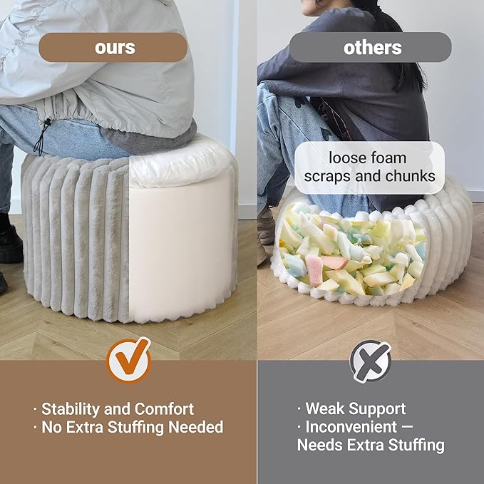 Round Stuffed Pouf Ottoman, Stripe Faux Fur Footrest, Solid Block Support+Soft Cushion Comfort, Removable Washable Cover, 20" Floor Pouf for Living Room Bedroom Dorm Vanity Under Desk, Gray