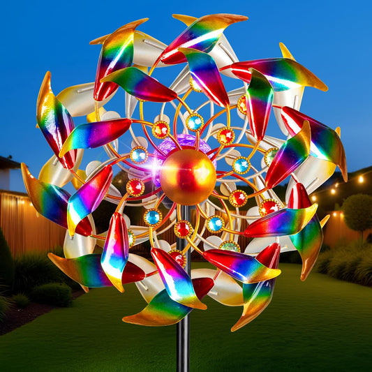 54'' Wind Spinners Outdoor Solar Garden Decor Light - Unique Gemstone Colorful Windmill, Durable Waterproof Design for Garden, Lawn, Patio