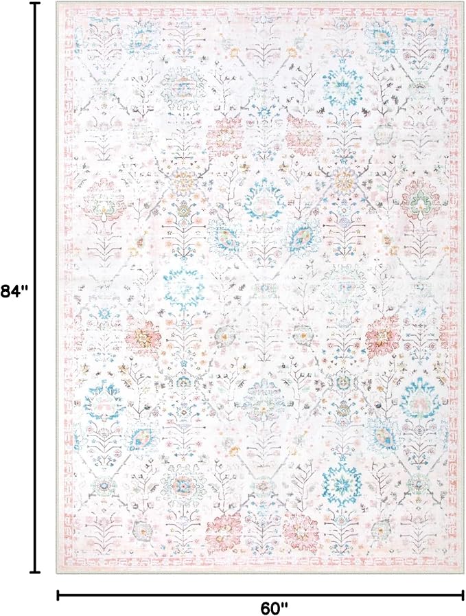 Lahome Flavie Nursery Rug 5x7, Soft Washable Floral Dorm Rug, Non Slip Low Pile Carpet for Bedroom, Kids Room, Nursery, Dorm Room and Classroom Decor, Beige