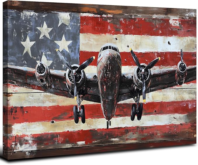 Airplane Wall Art Vintage Aircraft Picture Wall Decor for Bedroom Office Rustic USA Flag Prints Artwork Living Room Canvas Aircraft Propeller Pictures Posters Artwork Kitchen Home Decorations 16x24"