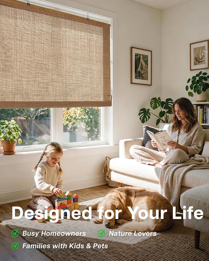 LazBlinds Manual Roll-up Bamboo Blinds, 23" W x 48" H, Star-Brown | Easy Install Roller Shades for Windows, Hook-On Light Filtering Bamboo Shades for Interior Indoor Windows