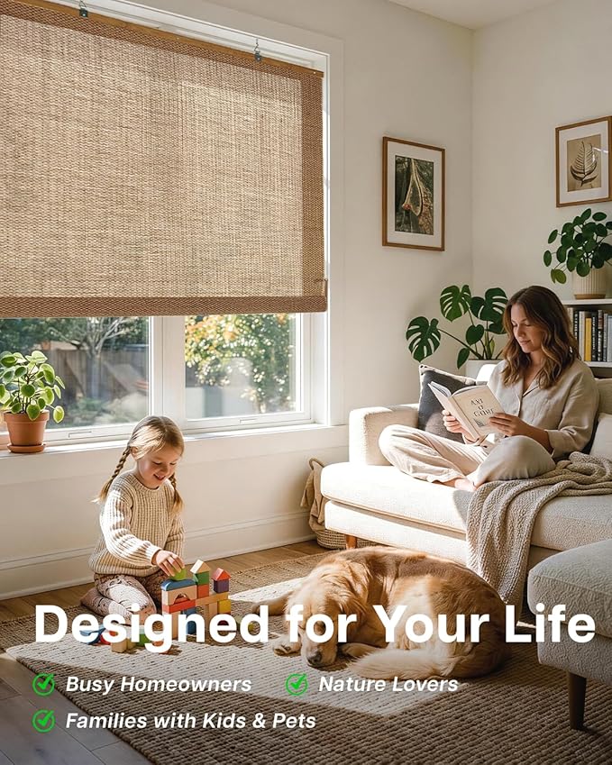 LazBlinds Manual Roll-up Bamboo Blinds, 22" W x 72" H, Star-Brown | Easy Install Roller Shades for Windows, Hook-On Light Filtering Bamboo Shades for Interior Indoor Windows