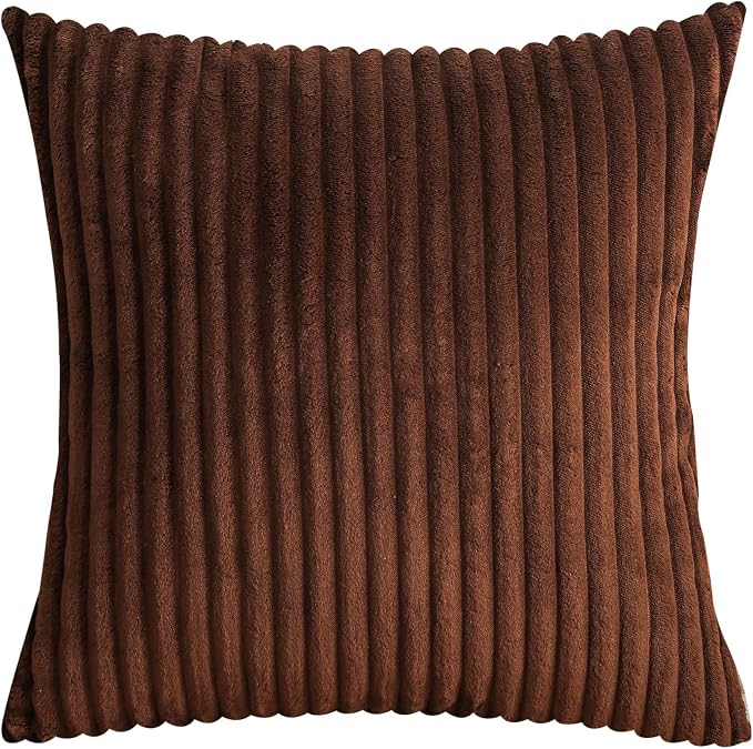 TangDepot Velvet Big Corduroy Pillow Covers 22x22 Brown 2-Pack | Soft wide-stripe corduroy pillow cover, hidden zipper, machine washable, easy refresh, for bedroom living room indoor outdoor