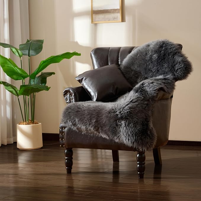Premium Genuine Sheepskin Area Ruge - Real Wool Fur Shaggy Carpet | Fluffy Soft Natural Lambskin Rug Seat Chair Covers for Couch Sofa Bedroom Living Room(Dark Grey,2×3 Feet Sheepskin)
