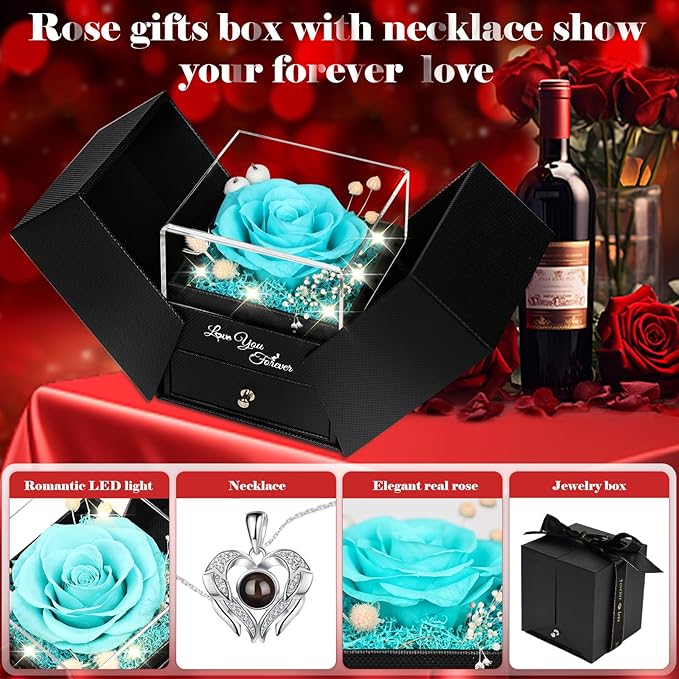 FIACO Gifts for Mom Preserved Real Roses with I Love You Necklace Fresh Forever Flowers Mothers Day Flower Gifts for Women Grandma Anniversary Birthday Gift for Girlfriend Wife Daughter