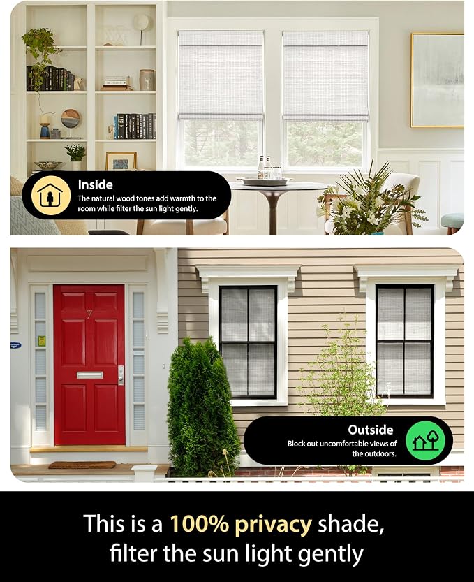 UNISHADES Cordless Bamboo Roman Shades, 39×64 in, Alpine Ivory | Wide Bamboo Strip Weaving Technique, High light-blocking capacity, High Level of Privacy Protection