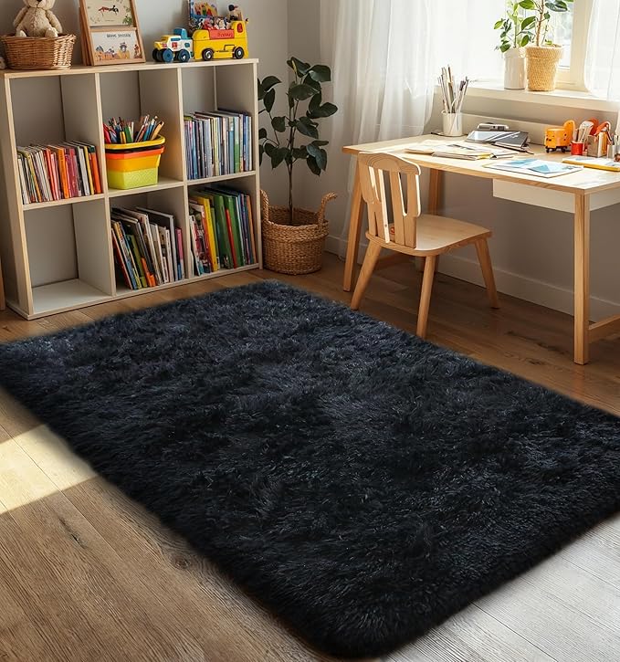 KICHOWUA Thick Area Rug Black Fluffy Shag 3x5 for Bedroom, Ultra Soft Thickened Plush Washable Carpet, Non-Slip Cozy Shaggy Fuzzy Rug for Living Room Nursery Dorm Playroom Kids Baby Room