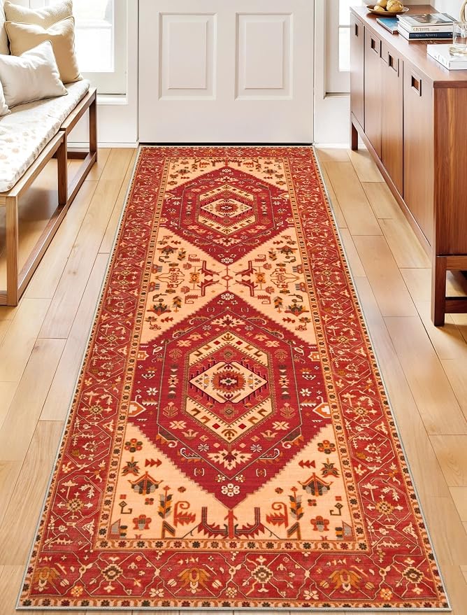 SERISSA Boho Washable Runner Rug, 2x5 Rug Runner Non-Slip Vintage Red Hallway Kitchen Runner Rug Ultra Soft Print Distressed Floor Carpet Runner for Bedroom Bathroom Laundry Living Room