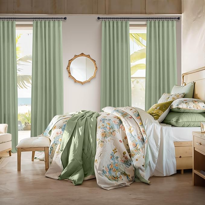 Light Sage Curtains 84 Inch Length for Living Room 2 Panels Set Back Tab Pocket Drapes Sheer Linen Textured Lightweight Filtering Light Green Curtains for Bedroom Rustic Boho Farmhouse Decor 7 FT Long