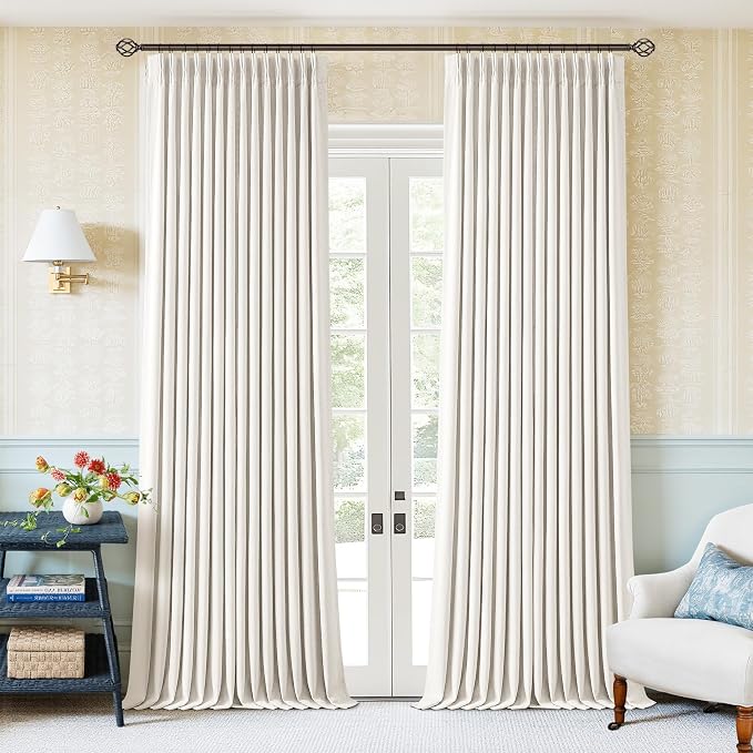Ivory Beige Pleated 100% Blackout Linen Curtains 90 Inches Long for Bedroom Living Room Memory Trained Pinch Pleat Back Tab Black Out Thermal Noise Blocking Double Layer Windows Drapes 2 Panels Set