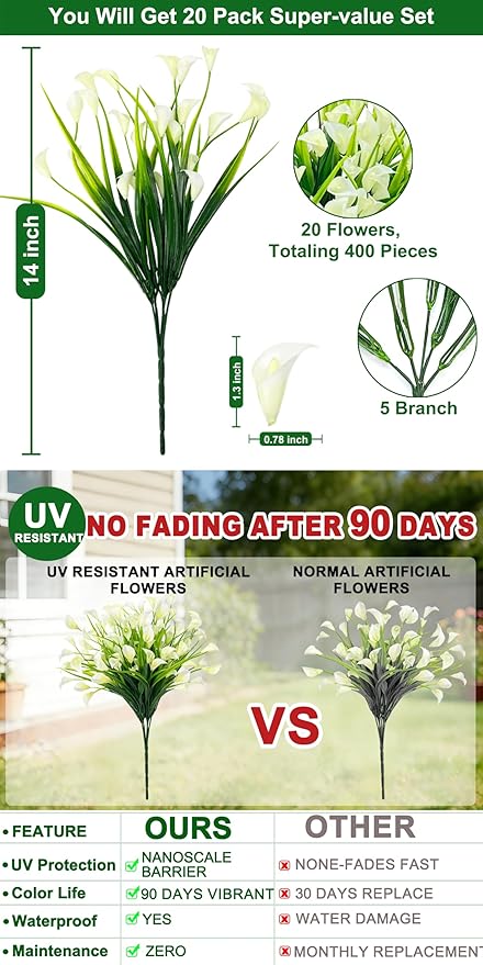 TURNMEON 20 Bundles Calla Lily (400 Heads) Artificial Flowers for Outdoors, Fake Plants UV Resistant Faux Plastic Fake Flowers for Indoor Planter Home Porch Yard Spring Summer Cemetery Decor(White)