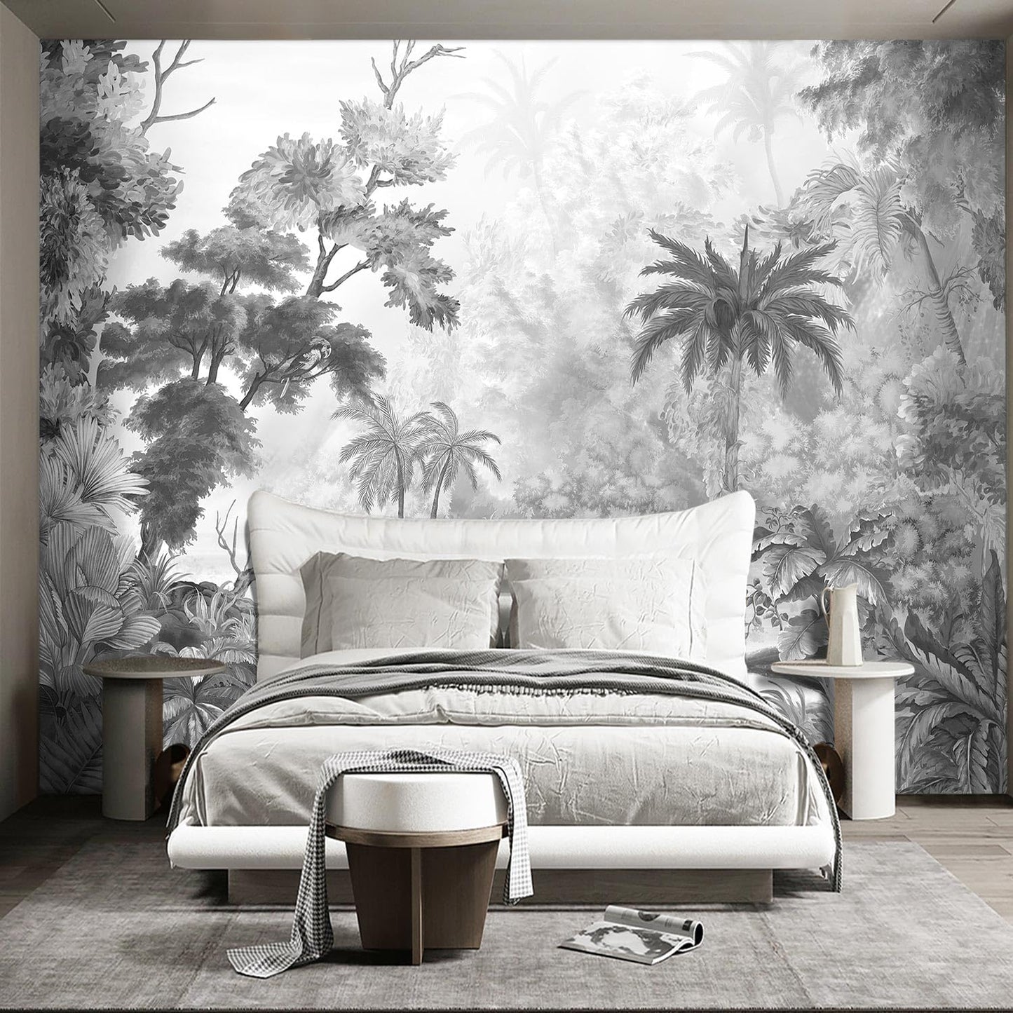 Grey Tropical Rainforest Plant wallpeper Living Room Bedroom Jungle Botanical Wall Mural - 160"x108"（Not Peel and Stick）