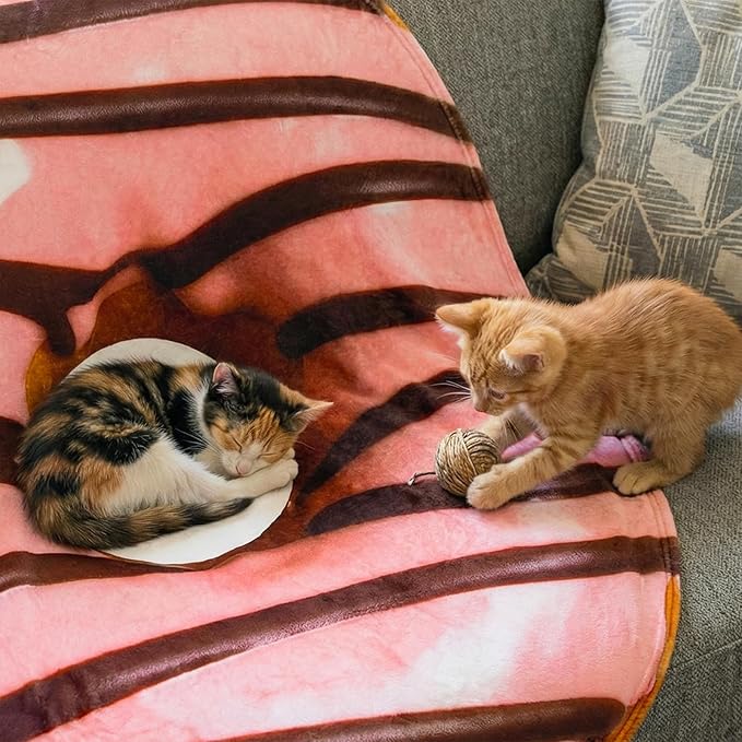 Vessia Pink and Brown Donuts Printed Throw Blanket, Realistic Funny Food Blanket for Adults and Kids, 300GSM Soft Throw for Couch, Sofa, Bed, Nice Home Decor for All Seasons, 60 inches