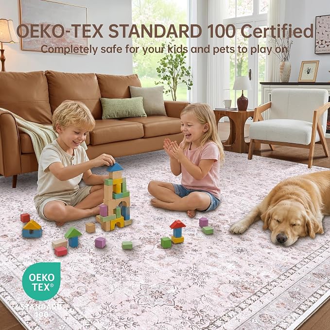 Sasttie 6x9 Area Rugs, Ultra-Soft Washable Rug, Low Pile Foldable Thin Carpets with Non-Slip Backing, Skin-Friendly Stain Resistant Carpet for Living Room, Bedroom, Kitchen, Dorm, 6x9, Pink