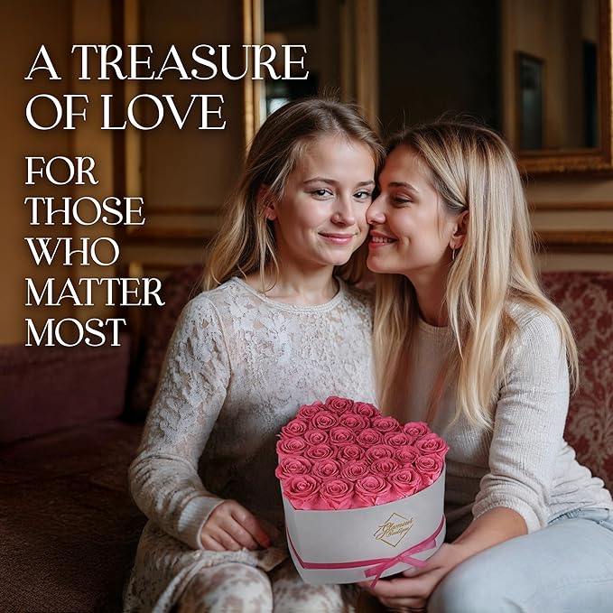 GLAMOUR BOUTIQUE Preserved Roses in a Box - Gifts for Her, Wife & Mom, Rose Flowers Forever Decor for Birthday Gift, Get Well Flower Bouquet Cased in White Box with Cover - Pink - 27 (Color-Treated)