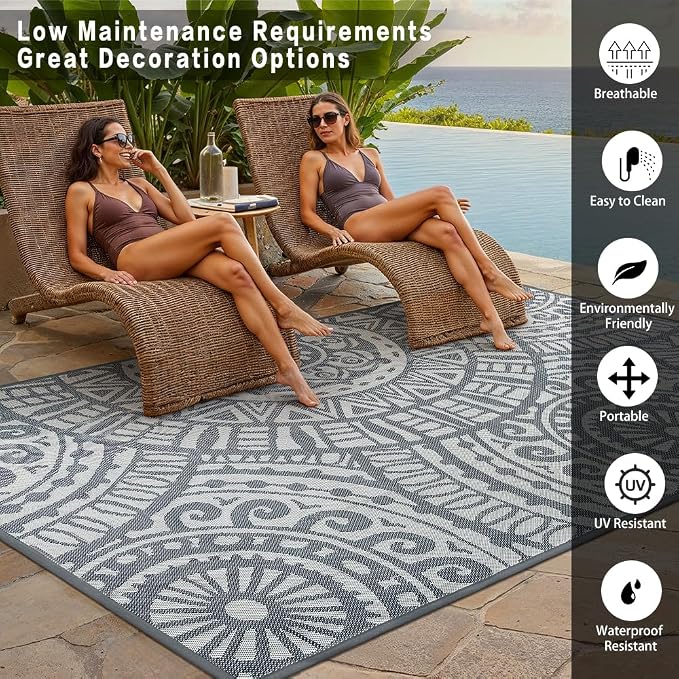 HUGEAR 9x12 Outdoor Boho Rug Grey Patio Waterproof Rug Home Decor Reversible Plastic Straw Rugs Outside Indoor Floor Mat for Camping Balcony RV Deck Porch Pool Backyard