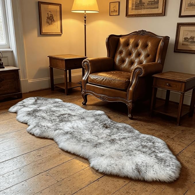 Fluffy Patchwork Sheepskin Rug with Little Patches, Fuzzy Shaggy Fur Genuine Wool Area Carpet for Bedroom Living Room Floor, Pray Pup Mat, Chair Sofa Seat Cover, Wolf Tipped, 2' x 6'