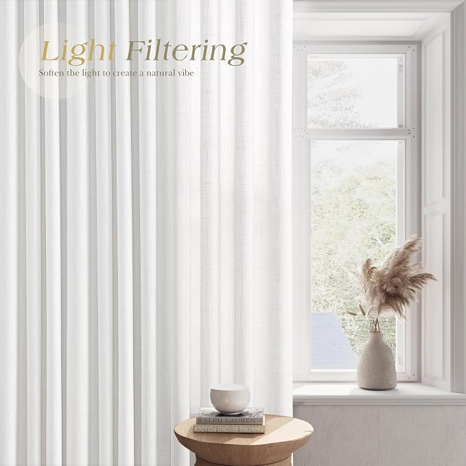 White Linen Curtains 94 Inches Long for Living Room Bedroom Light Filtering Privacy Sheer Curtain Modern Elegant Coastal Decor Thick Cotton Textured Grommet Gauze Window Drapes 2 Panels Set,52x94