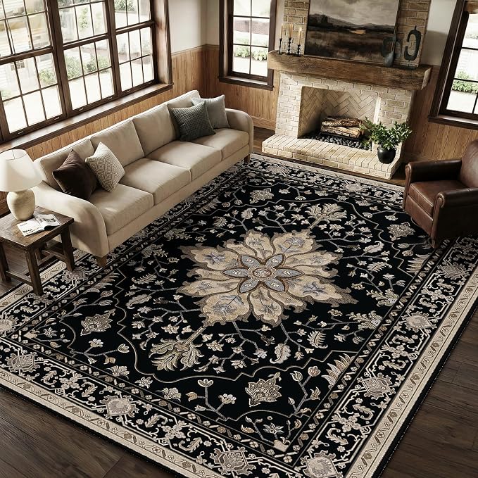 RELEANY Area Rugs Large 9'x12' Washable Non-Slip, Floral Vintage Distress Medallion Carpet for Living Room Bedroom Dining Room, Black Brown Neutral Dark Tan