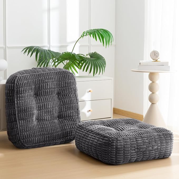 HIGOGOGO 8" Floor Pillow Cushion for Adults, Meditation Cushion Pillow, Blended Corduroy Cover, Large Square Floor Sitting for Tatami Living Room or Yoga, 2Pack, Dark Grey