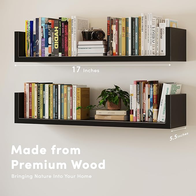Wall Bookshelf, Set of 4, U Shaped Floating Bookshelf, Hanging Bookshelves for Wall, Wall Mounted Shelves for Living Room Bedroom Office (Black, 17 Inches, 4)