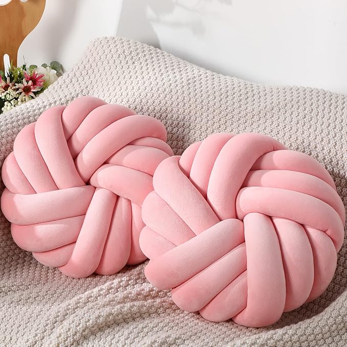 Fumete 2 Pcs 14 Inches Knot Pillow Round Throw Soft Plush Knot Ball Pillow Handmade Knotted Modern Home Decorative Cushion for Bed Bedroom, Sofa, Couch (Pink)