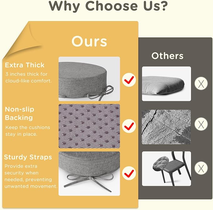 Bar Stool Cushions Round 3" Thick Round Seat Cushions for Chairs 4 Pack Non Slip Bistro Chair Pads with Machine Washable Cover (12 Inch, Light Grey)