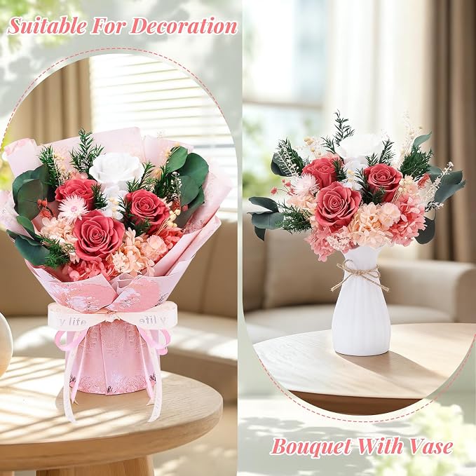Preserved Pink Rose Bouquet Romantic Flowers Gift Set for Valentine | Preserved Pink Rose Bouquet for lovely Ladies Forever Flowers Gift set for Mom Wife Grandma, Anniversary Mother’s Valentine