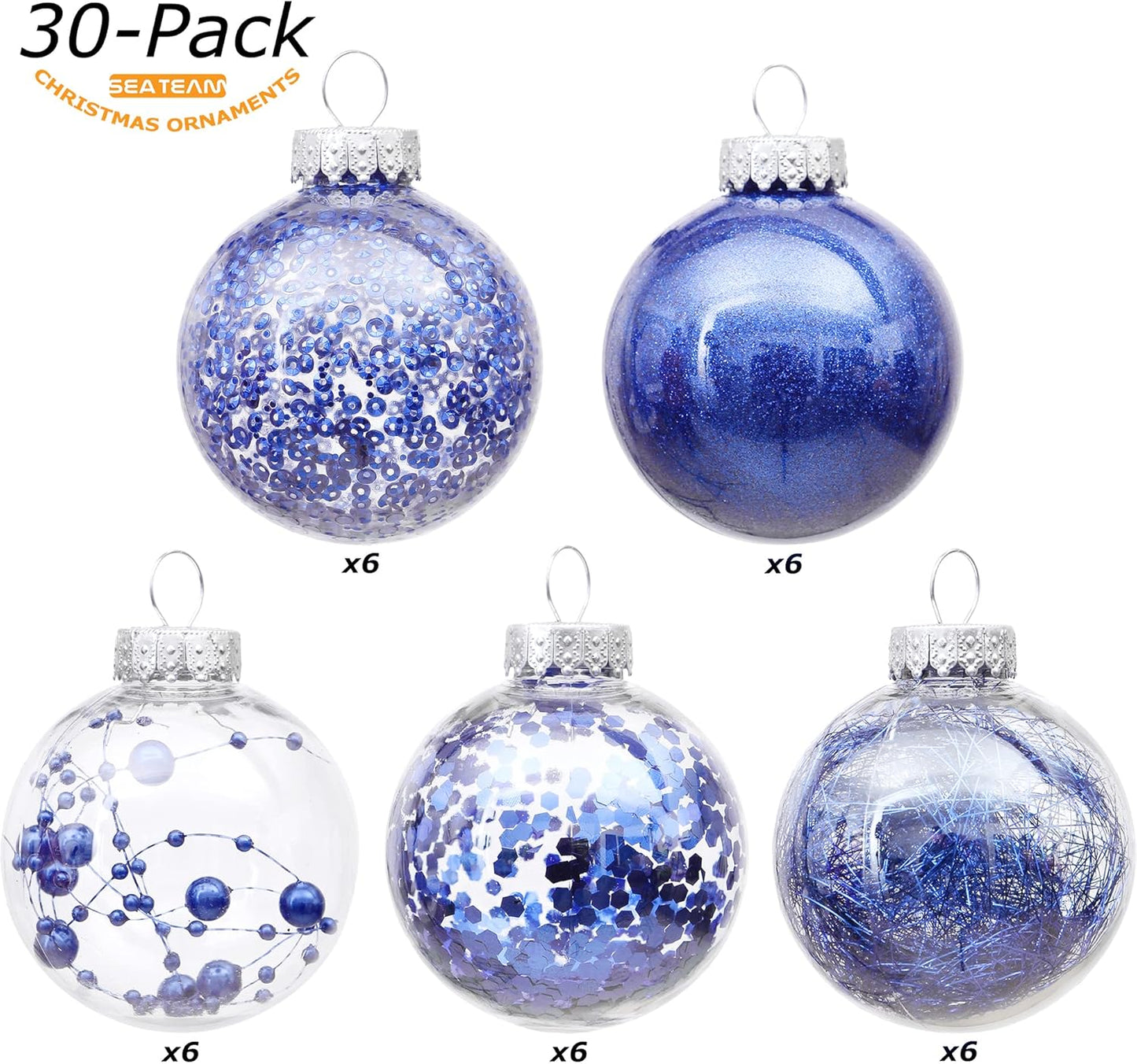 Sea Team Shatterproof Clear Plastic Christmas Ball Ornaments Decorative Xmas Balls Baubles Set with Stuffed Delicate Decorations (60mm/2.36 inch 30-Pack, Royal Blue)