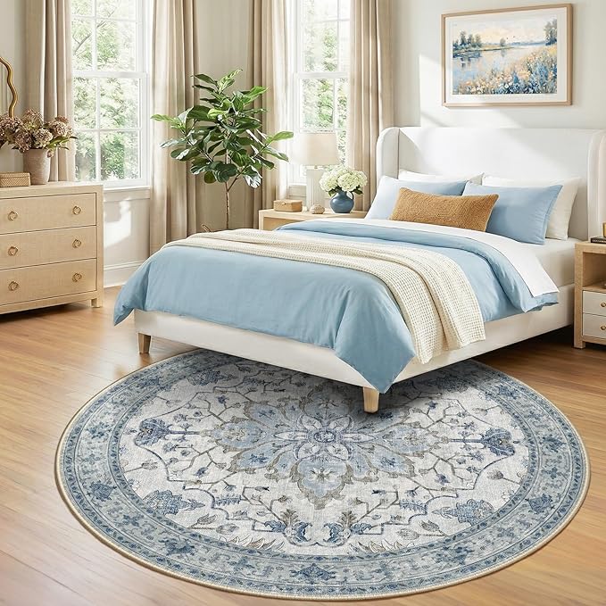 RELEANY Area Rugs 8ft Washable Non-Slip, Floral Vintage Distress Print Pattern Medallion Carpet for Living Room Bedroom Dining Room, Light Blue Navy Beige Gray White