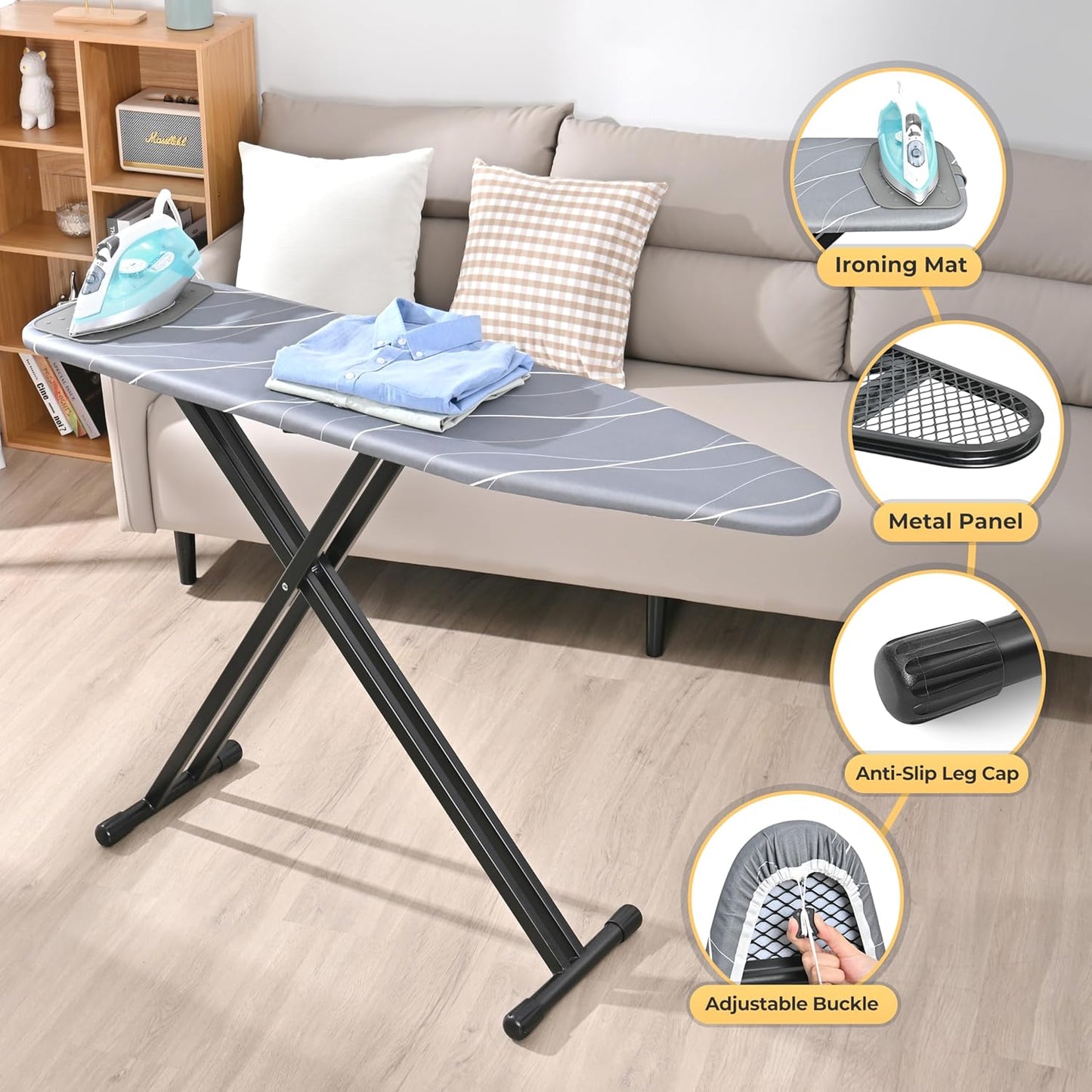 APEXCHASER Ironing Board with Silicon Iron Rest, Heavy-Duty Legs and Heat Resistant Cover, 13x53 inch, Black