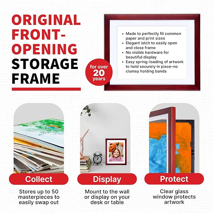 Dynamic Frames Li’l Davinci Art Cabinet, Stores up to 50 Pieces of 8.5 x 11 inch Art, Outer Wooden Frame Dimensions 11.75 x 14.75 inches, Changeable Kids Art Frame, Front Opening, Cherry