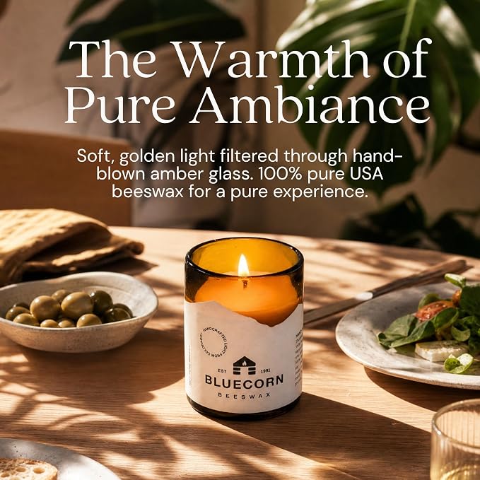 Bluecorn Beeswax 1-Wick Candle, 100% Pure Bees Wax, Amber Glass, Fragrance Free Candle Wax, Soy Free, Clean Burning, Long Lasting (35 Hr), Home Decor, Gifts for Women & Men, American Made, 8 Oz, 1 Ct