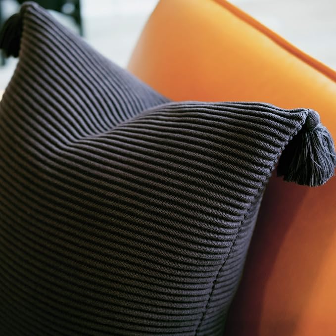 Cozy Soft Cotton Throw Pillow Cover with Ribbed Knit Texture and Tassel Corners adds Bold Contrast and Modern Elegance to Your Space (18x18, Black)
