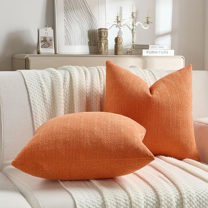 FUTEI Orange Chenille Throw Pillow Covers 26x26 Inch Set of 2,Soft Striped & Diamond Textured Euro Pillow Shams,Modern Home Decor for Couch Living Room