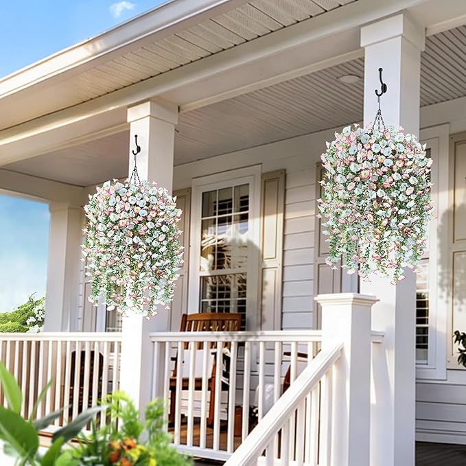 Artificial Hanging Flowers with Basket, 480 Blooms UV Resistant Faux Morning Glory Silk Plants, Fast & Easy Assembly Fake Hanging Baskets for Outdoor Porch Patio Garden Decor, Blue&White