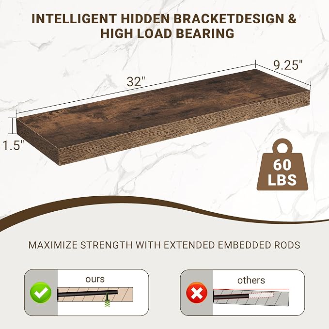 Acovy 32 Inch Floating Shelves, 3D Textured Wood Grain, 32"x9.25"x1.5" Inch Deep Floating Shelves for Wall, Wooden Shelves for Bathroom, Bedroom, Living Room, Brown, 2 Pieces