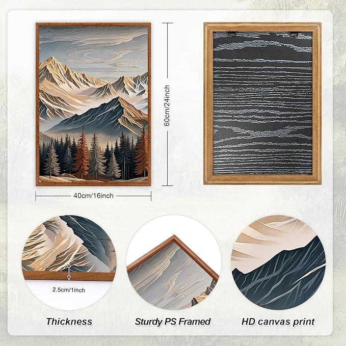 LHIUEM Vintage Landscape Wall Art,Large Wood Wall Art,Carved Wood Wall Decor,Earthy Landscape Canvas Art Prints,Big Snow Mountain Sunrise piciures,Birch Tree painting for Home Office -16"x24"x3