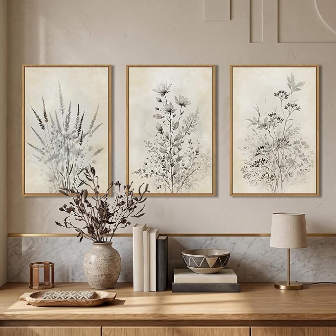 Large Neutral Flower Botanical Framed Canvas Wall Art,Boho Wildflowers Ink Wall Decor,Vintage Bouquet Wall Painting,Nature Artwork for Living Room,Bedroom,Dining Room,Office -24"x36"x3