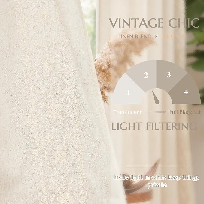 jinchan Ivory Floral Embroidered Short Linen Curtains 54×54 Inches 2 Panels | Light filtering, back tab, rod pocket, cafe curtains for kitchen bedroom living room, cottage farmhouse, small window