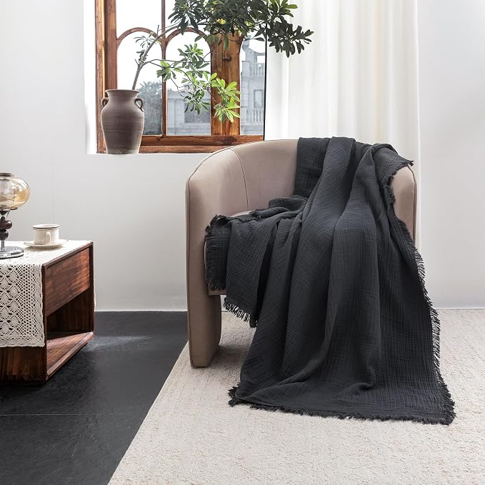 FOSSA Muslin Blanket 4-Layer 100% Cotton Gauze Blanket with Fringe 66"x90" | Super Soft Breathable Lightweight All Season & Decorative Blanket or Bed, Sofa, Office (Dark Gray,Twin XL)