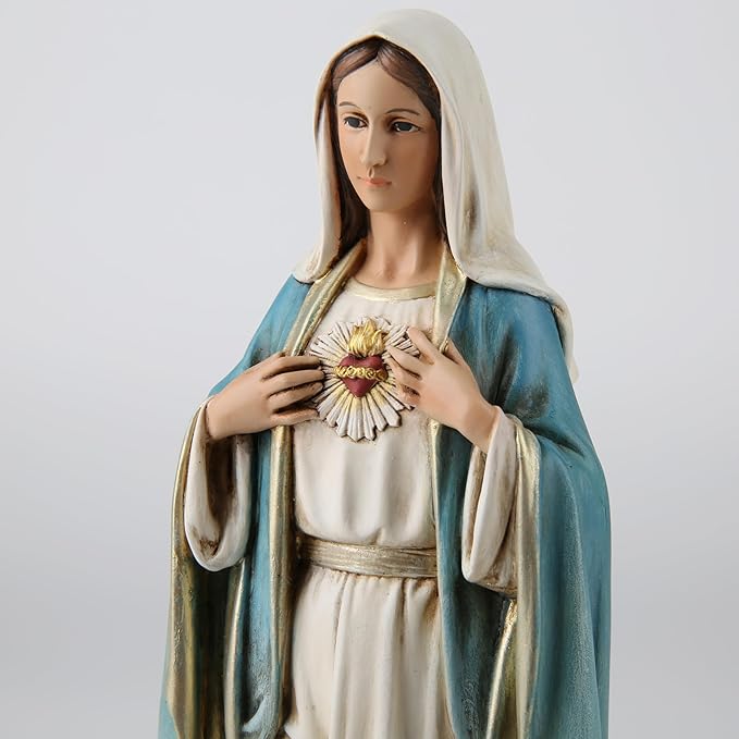 BC Catholic Immaculate Heart Mary Statue, 10" H Blessed Virgin Mary Figure for Altar, Holy Mother with Rosary Holder for Prayer Note, Religious Gift to Mon, Catholic Decor, Handmade by Buildclassic
